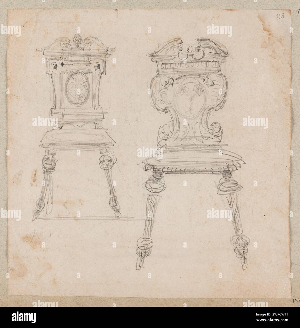 Studio delle sedie di Władysław Czachórski, che mostra la maestria artigianale dei mobili, gli schizzi, l'arte decorativa e gli elementi di interior design. Foto Stock