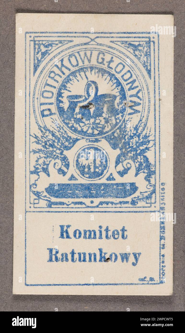 Un francobollo del 1917 di T. Dobrzański di Piotrków Trybunalski raffigurante una doppia figura con un'aquila e un testo che fa riferimento a "Piotrków fame" e al Comitato di emergenza. Foto Stock