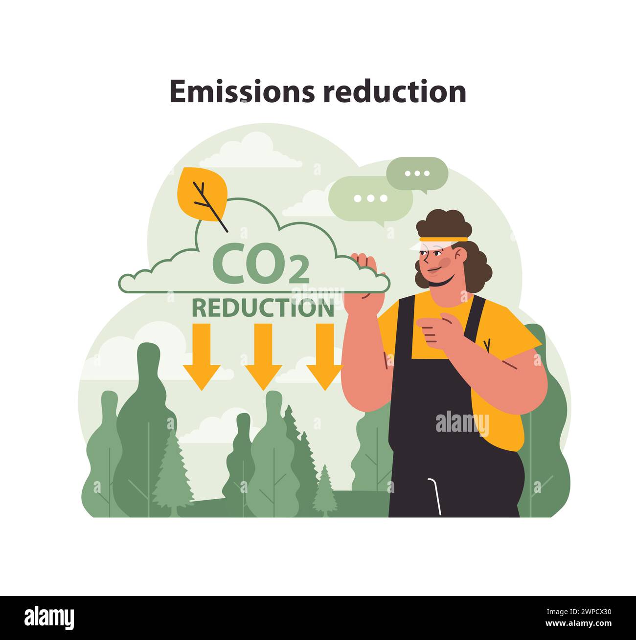 L'uomo promuove la riduzione delle emissioni di CO2 in mezzo alla natura. Le frecce rivolte verso il basso sottolineano la riduzione delle emissioni. Approccio responsabile per una Terra più verde. Illustrazione vettoriale piatta. Illustrazione Vettoriale