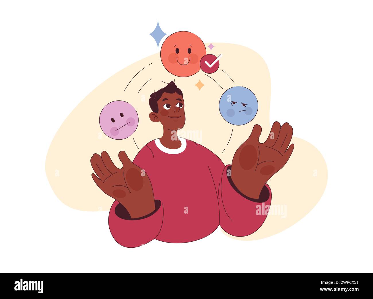 Consapevolezza emotiva. L'intelligenza emotiva del giovane nero. Profonda comprensione e accettazione delle emozioni. Processo di apprendimento interno della personalità. Illustrazione vettoriale piatta Illustrazione Vettoriale