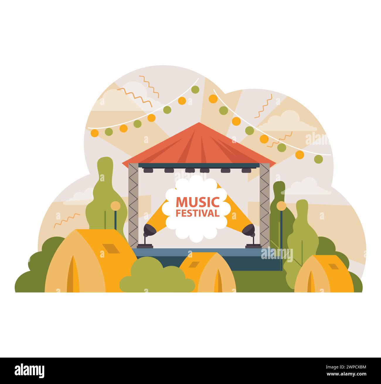 Palcoscenico di festival musicale all'aperto immerso nella natura, con tende, luci vibranti e uno sfondo di colline. Celebrazione del suono sotto il cielo aperto. Illustrazione vettoriale piatta Illustrazione Vettoriale