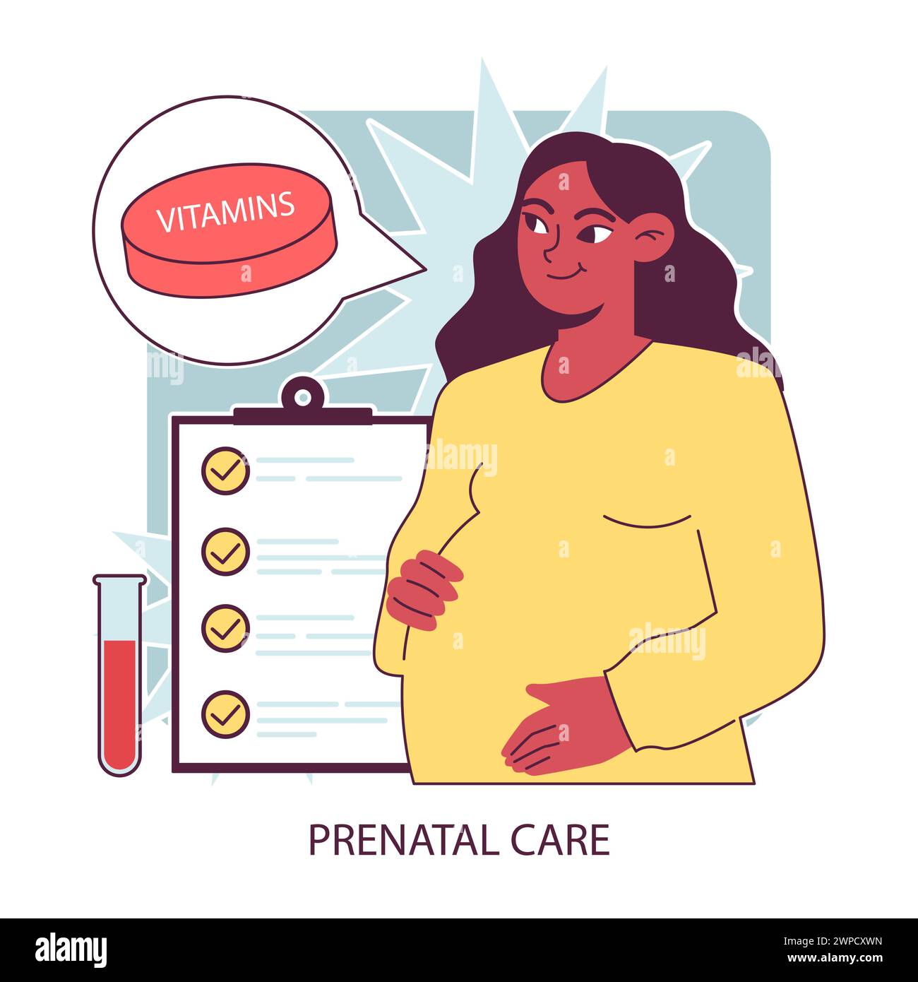 Cure prenatali. Madre in attesa che assume vitamine e integratori. Controllo medico della salute delle donne incinte. Assunzione di multivitamine con nutrienti sani. Illustrazione vettoriale piatta. Illustrazione Vettoriale