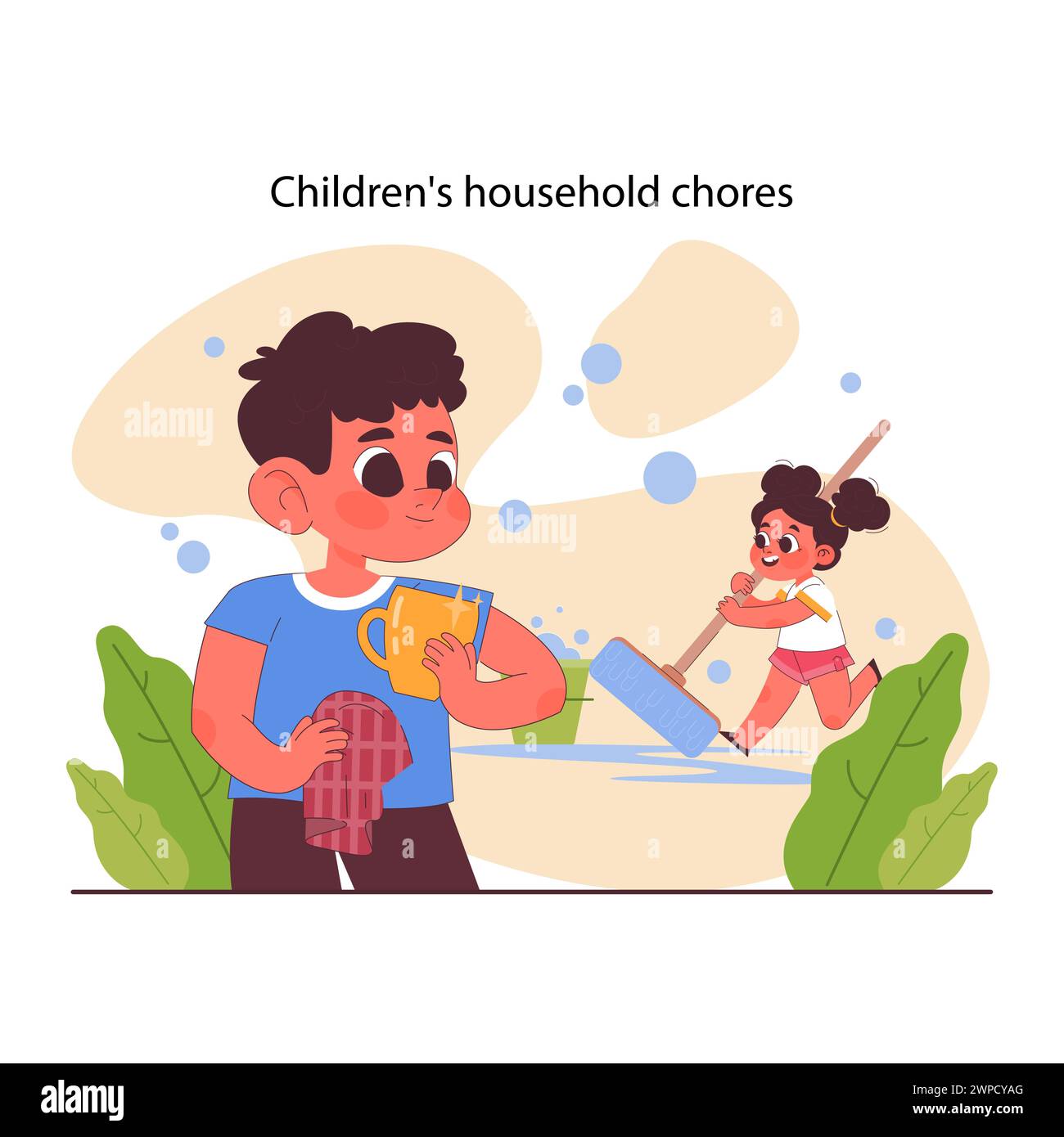 Bambino che fa le faccende domestiche. Formazione della responsabilità di suo figlio. Bambino piccolo che fa le faccende domestiche, aiuta i genitori con le pulizie. Consigli positivi per i genitori. Illustrazione vettoriale piatta Illustrazione Vettoriale