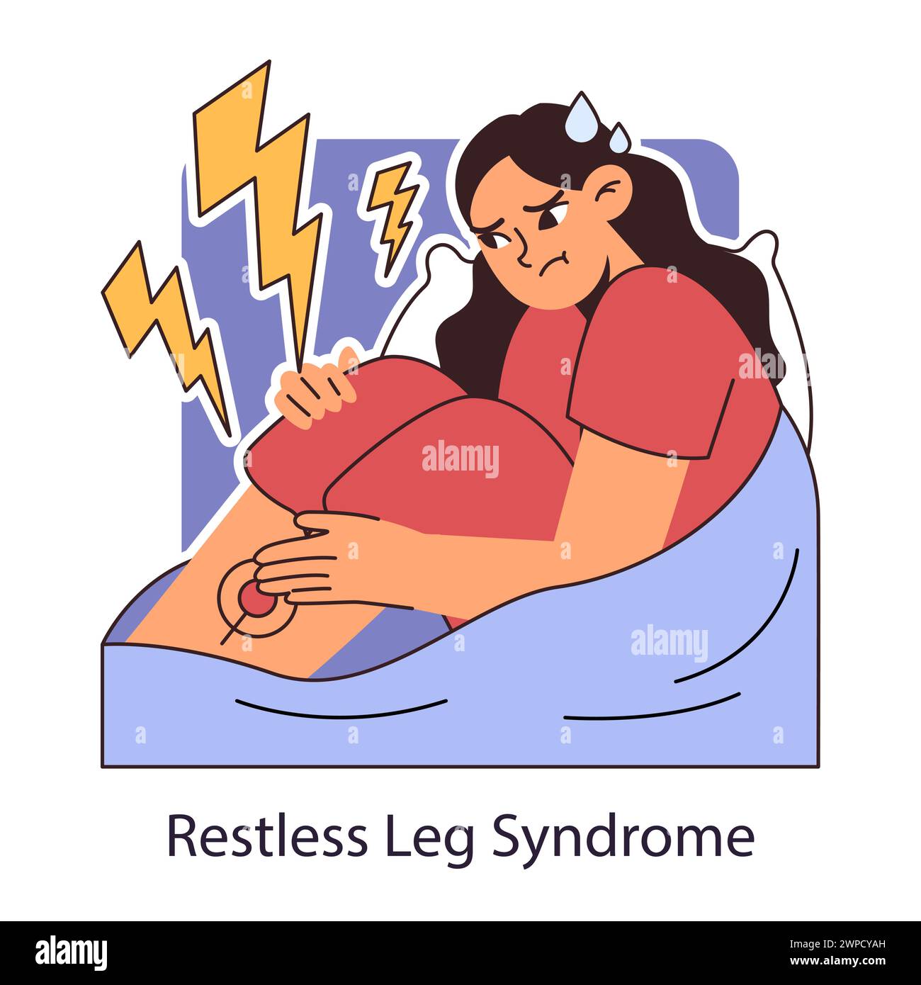 Sindrome delle gambe senza riposo o RLS. Problema notturno. Donna somniaca con piedi contrattati o arti inferiori inquietanti. Ansia e nevrosi, disturbi del sonno. Illustrazione vettoriale piatta. Illustrazione Vettoriale