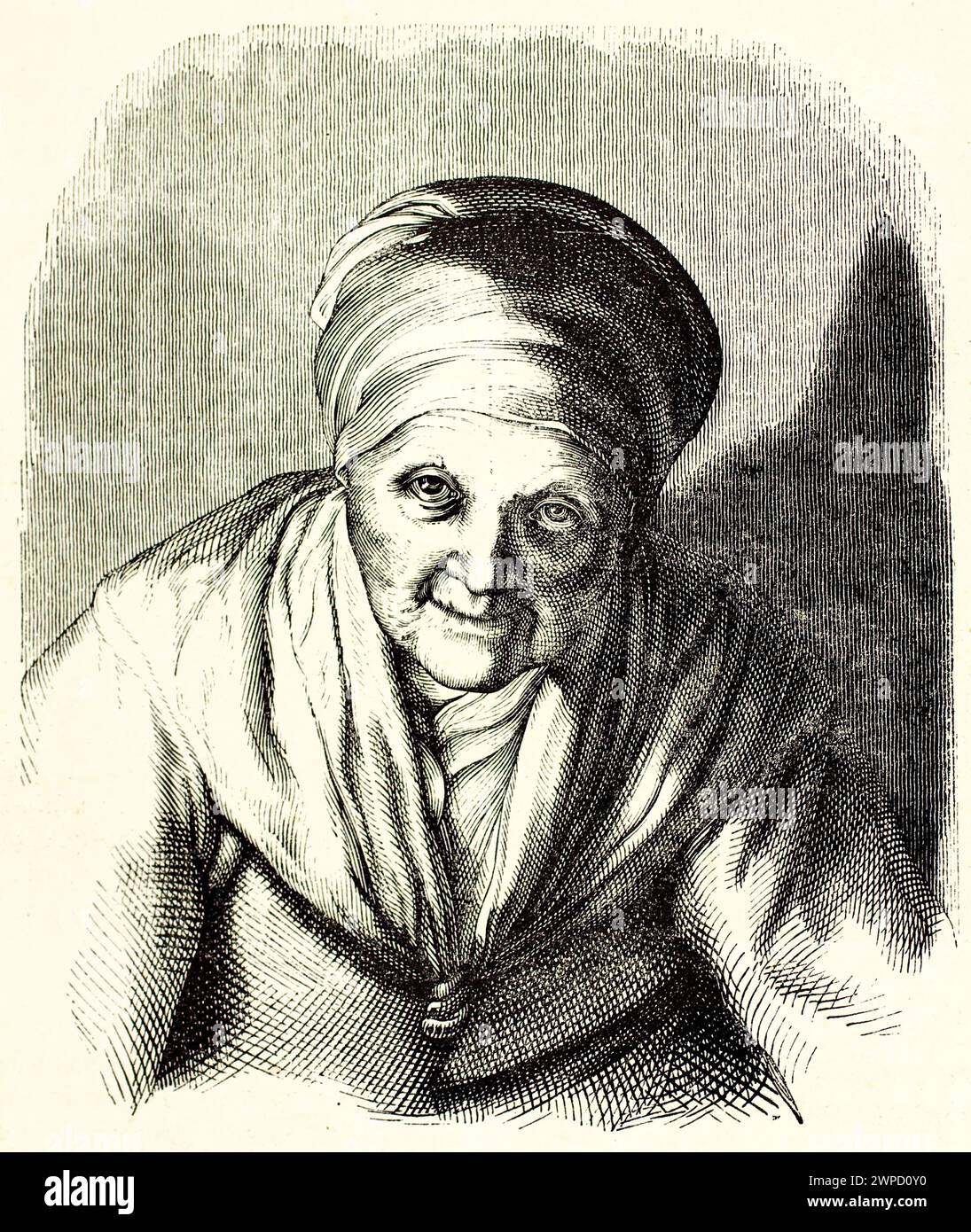 Ritratto di una donna anziana che indossa un turbante e uno scialle. Di autore sconosciuto, pubblicato su Magasin Pittoresque, Parigi, 1852. Foto Stock