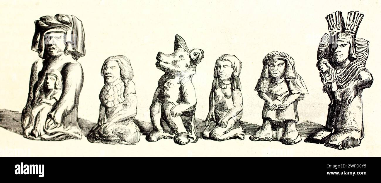 Vecchia riproduzione incisa di figurine messicane conservate nel museo del Louvre, dettagliata con incisioni tradizionali. Di autore sconosciuto, pubblicato su 1852 Foto Stock