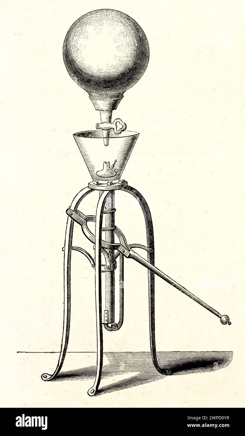 Macchina pneumatica d'epoca, apparecchi scientifici storici utilizzati per la compressione dell'aria. Autore sconosciuto, pubblicato a Magasin Pittoresque, Parigi, 1852. Foto Stock