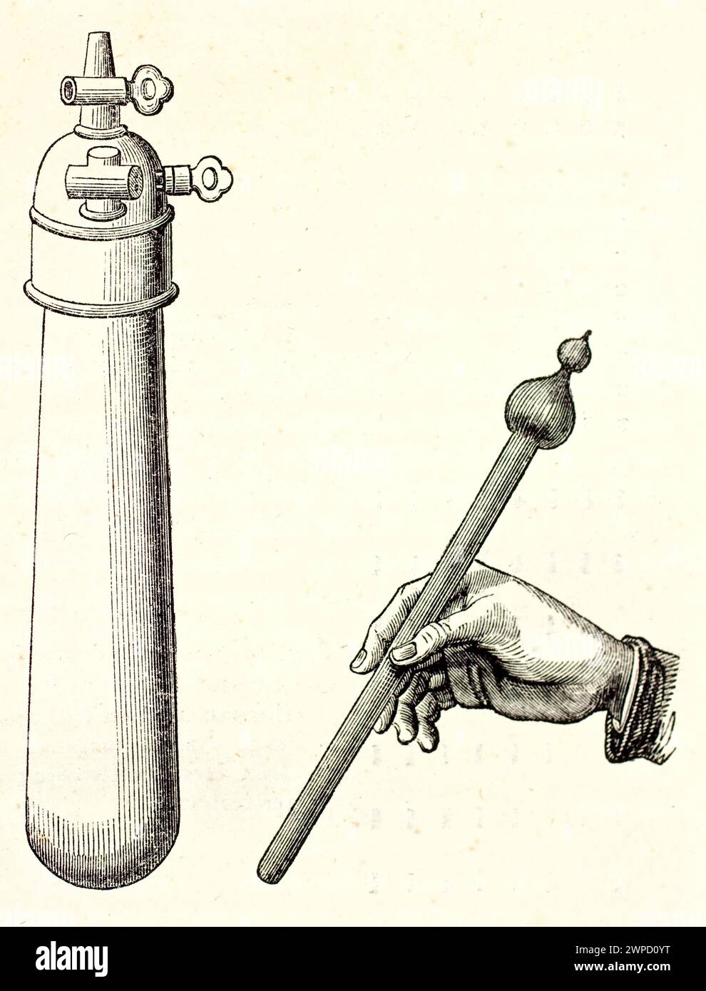 Illustrazione antica di un esperimento con martello ad acqua e relativo dispositivo utilizzato negli studi idraulici. Di autore sconosciuto, pubblicato nel 1852 Foto Stock