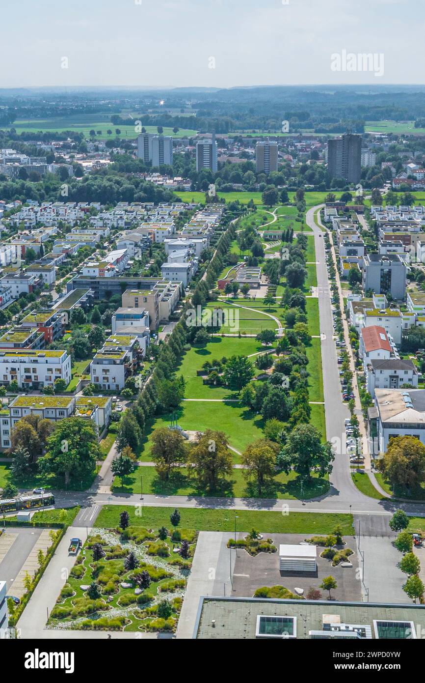 Vista aerea di Neu-Ulm nella Svevia Bavarese, vista dei quartieri meridionali intorno a Wiley Park Foto Stock