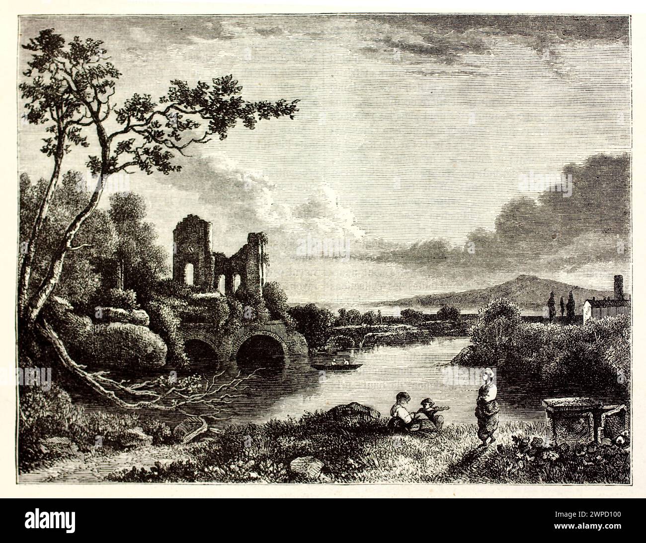 Antica incisione di un paesaggio lungo il fiume gallese con rovine e bambini, di Marvi dopo Richard Wilson. Pubblicato in Magasin Pittoresque, Parigi, 1852 Foto Stock