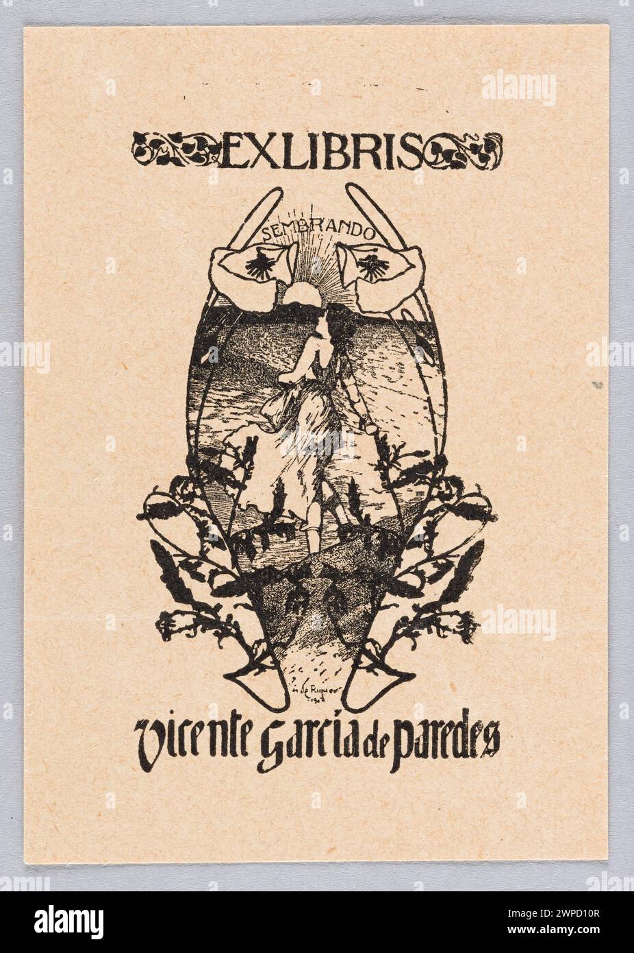 Exlibris vincente Garcia de Predes: Sembrando; Riquer Inglada, Alejandro de (1856-1920); 1902 (1902-00-00-1902-00-00); Predes, Vicente García de (CA 1845-Post 1903), Paredes, Vicente García de (CA 1845-Post 1903)-exlibris, Sun, Witke-Jeżewski, Dominik (1862-1944), Witke-Jeżewski Dominik (1862-1944 ) - collezione, grafica spagnola, grafica catalana, spagnolo (cultura), catalano (cultura), donne, fiori, papaveri (bot.), modernismo (stile), ornamenti vegetali, paesaggi, semina (iconogr.), Sower (scene generiche ), alba, tramonti, morte, vita (allegoria) Foto Stock