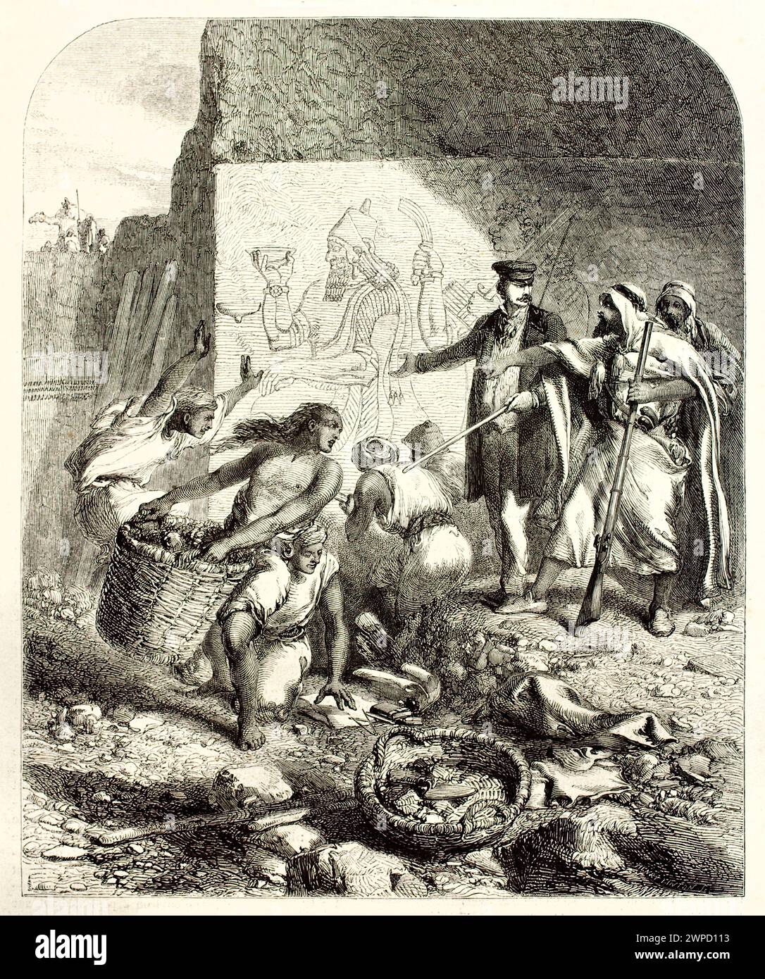 Scena incisa di Austen Henry Layard che supervisiona lo scavo archeologico a Nimrud. Di Gilbert e Linton, pubblicato a Magasin Pittoresque, Parigi, 1852. Foto Stock