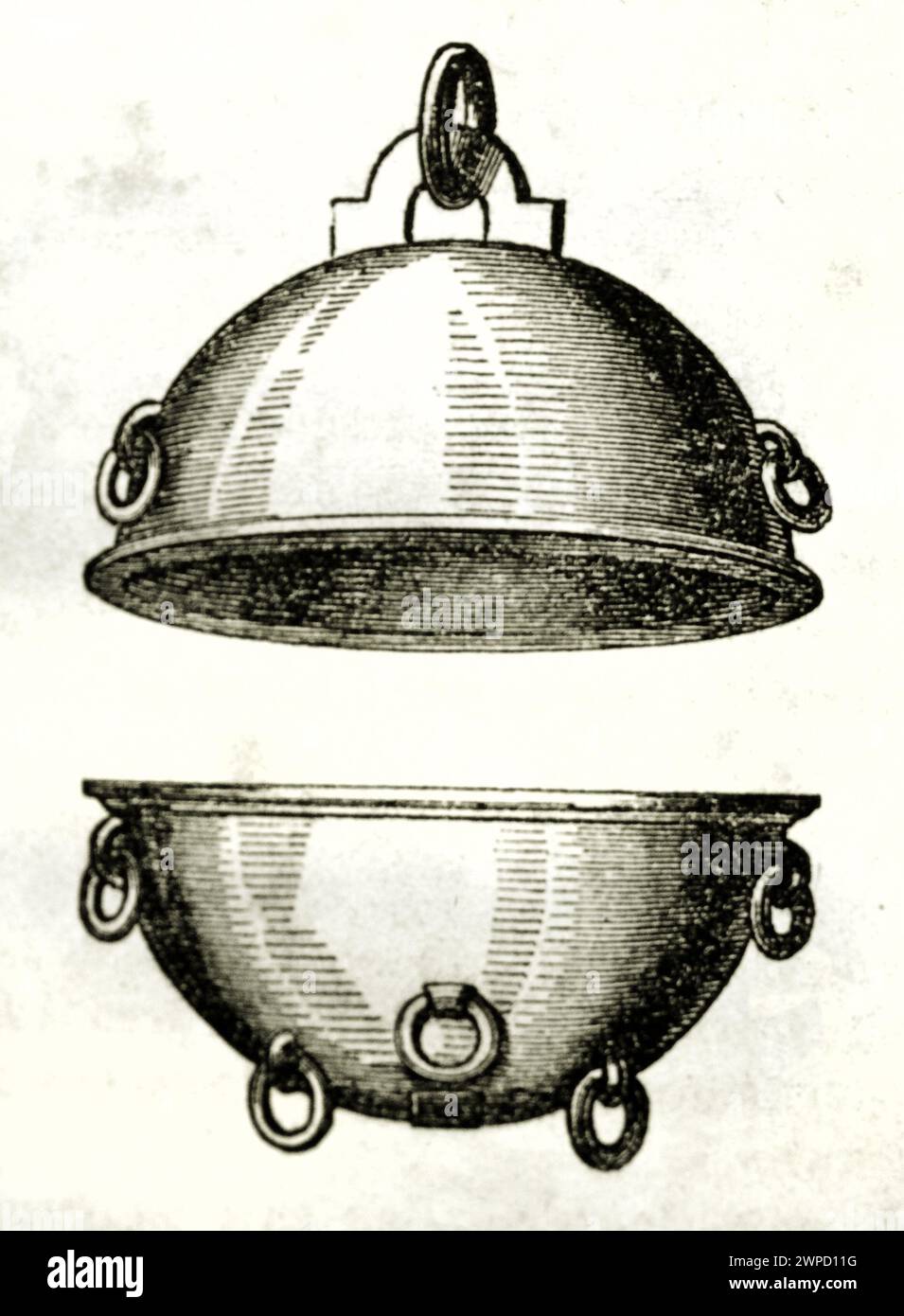 Vecchia illustrazione incisa di una camera di aspirazione pneumatica antica e di uno strumento di fisica precoce. Di autore sconosciuto, pubblicato su Magasin Pittoresque 1852 Foto Stock