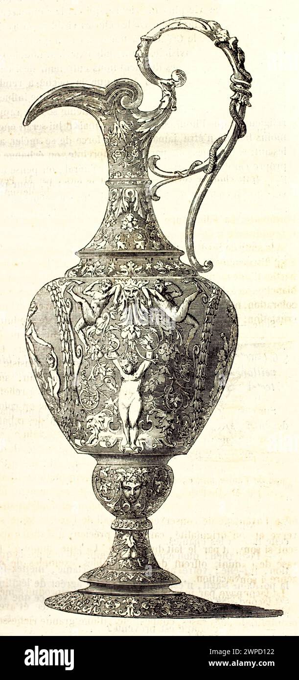 Antica incisione di una caraffa di rame ornata con elaborate decorazioni a rilievo. Di autore sconosciuto, pubblicato a Magasin Pittoresque, Parigi, 1852. Foto Stock