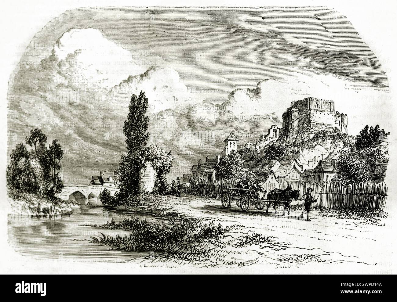 Vecchia vista incisa di Montrichard, Francia, con castello medievale su una collina e un carro trainato da cavalli in primo piano. Creato da Girardet dopo Soulès, 1852 Foto Stock