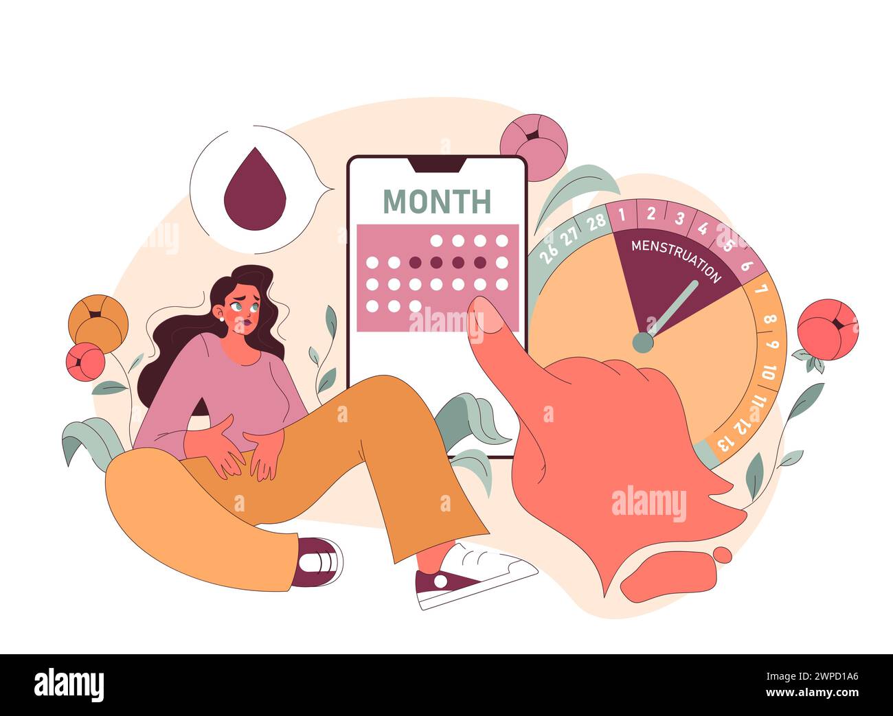 Ciclo mestruale. Una donna, insieme al calendario digitale e all'orologio che evidenziano le giornate mestruali, naviga nelle complessità del suo ciclo. Viaggio fisiologico mensile. Illustrazione vettoriale piatta. Illustrazione Vettoriale