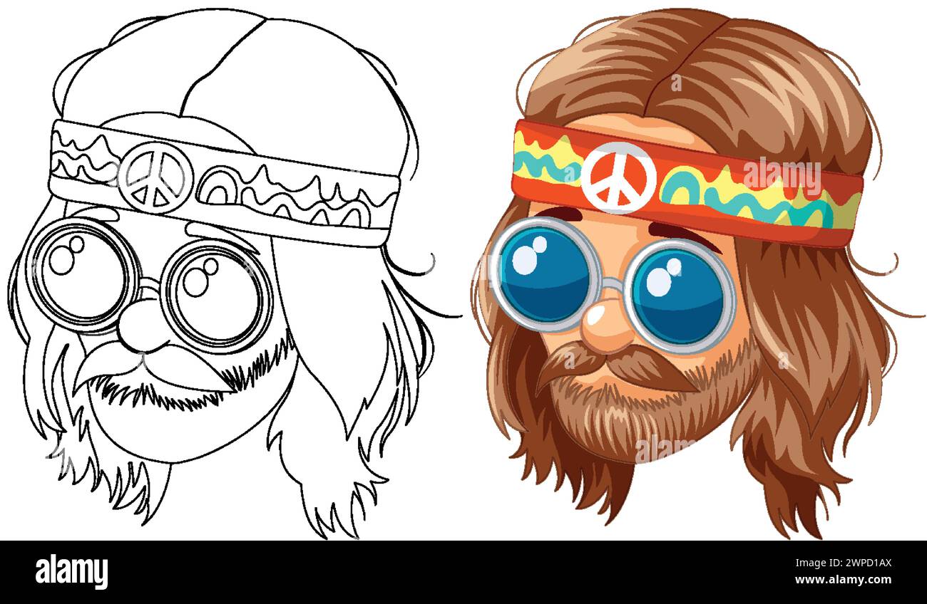 Illustrazioni hippie colorate e in bianco e nero. Illustrazione Vettoriale