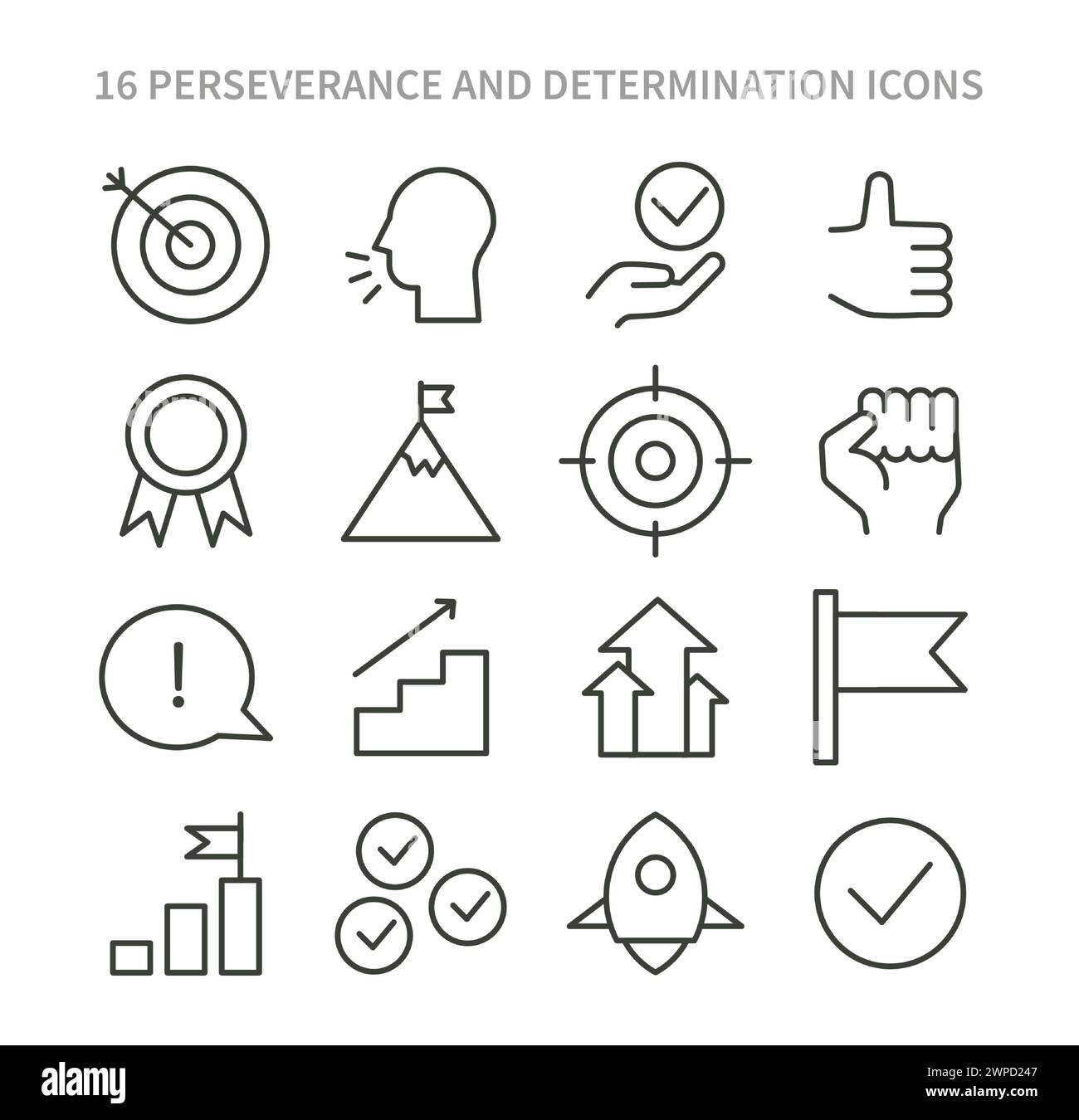 Set di icone di perseveranza e determinazione. Una raccolta di simboli che rappresentano obiettivi, risultati e il percorso della resilienza. Elementi essenziali per i temi motivazionali. Illustrazione vettoriale piatta Illustrazione Vettoriale