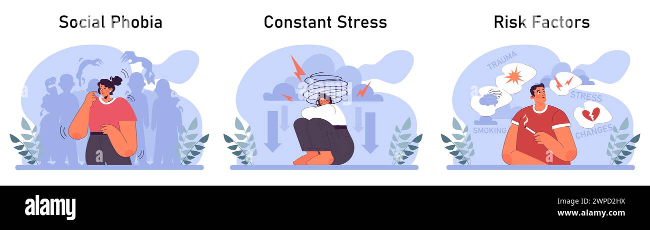 Attacco di panico impostato. Disturbo di salute mentale. Fobia, frustrazione e sollecitazione costante. Psicoterapia e idea di supporto emotivo. Illustrazione vettoriale piatta Illustrazione Vettoriale