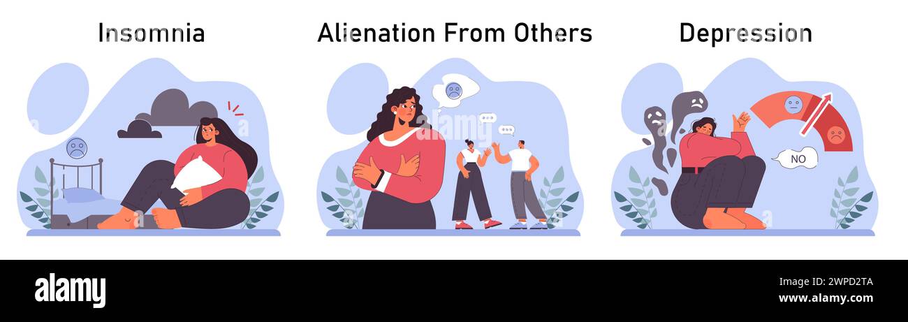 Disturbo da stress post traumatico impostato. Personaggio femminile che soffre di disturbi mentali, che si occupa di disperazione, paura e dolore. Ansia e depressione. Illustrazione vettoriale piatta Illustrazione Vettoriale