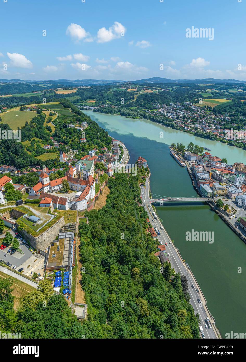 Veduta aerea della città di Passau con tre fiumi alla confluenza dei fiumi Danubio, Inn e Ilz Foto Stock