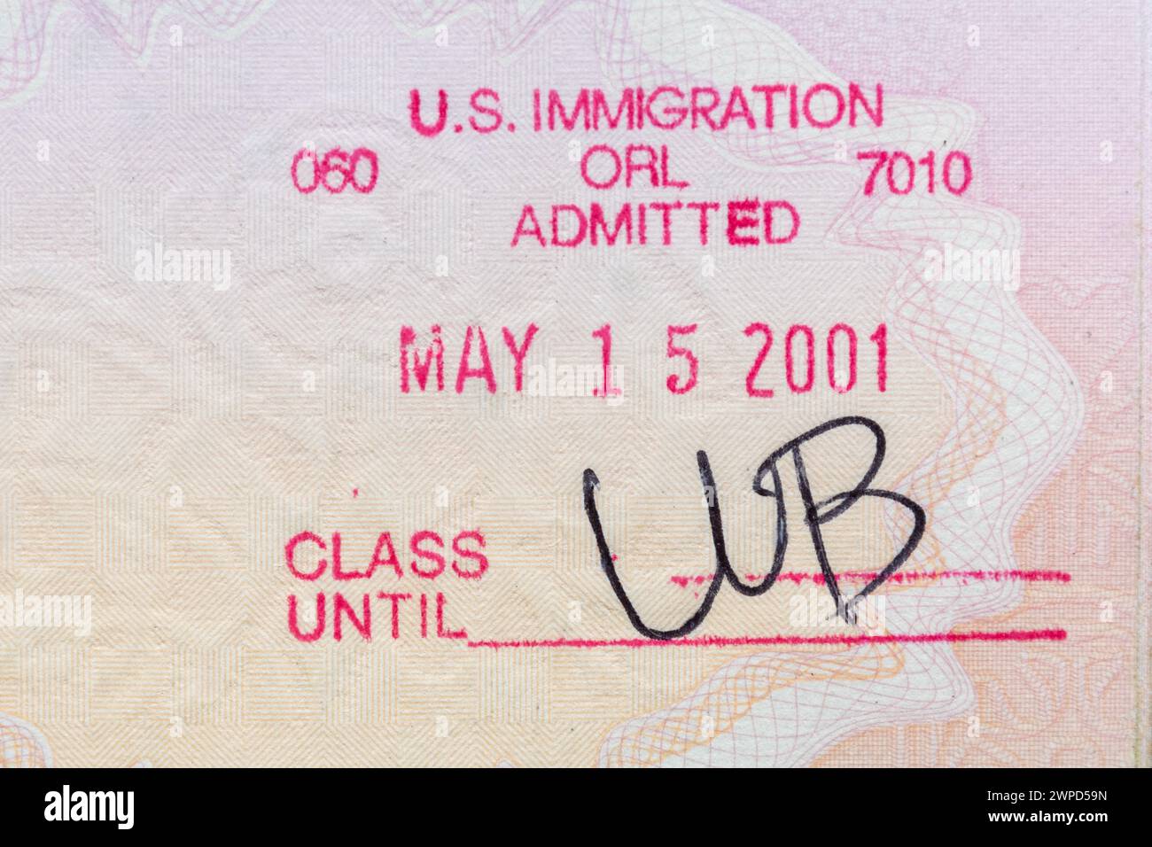 Francobollo dell'immigrazione STATUNITENSE nel passaporto britannico, francobollo d'ingresso ORL Orlando Foto Stock
