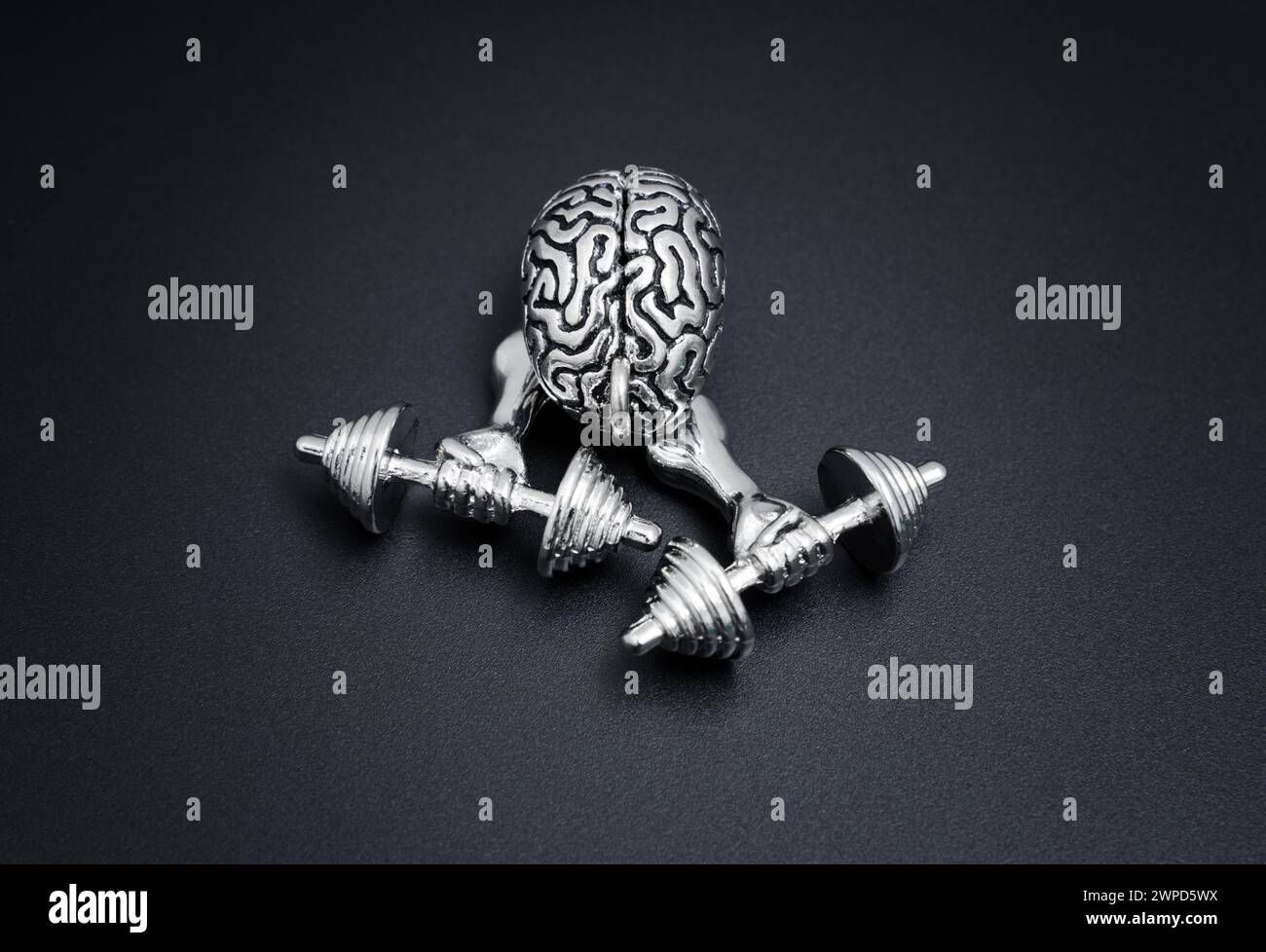 Statuetta del cervello umano che solleva pesanti manubri con le mani pompate. Esercizio mentale e concetto relativo alla salute mentale. Foto Stock