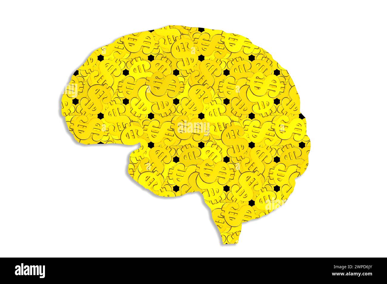 A forma di cervello umano pieno di segni di dollaro impilati. Foto Stock