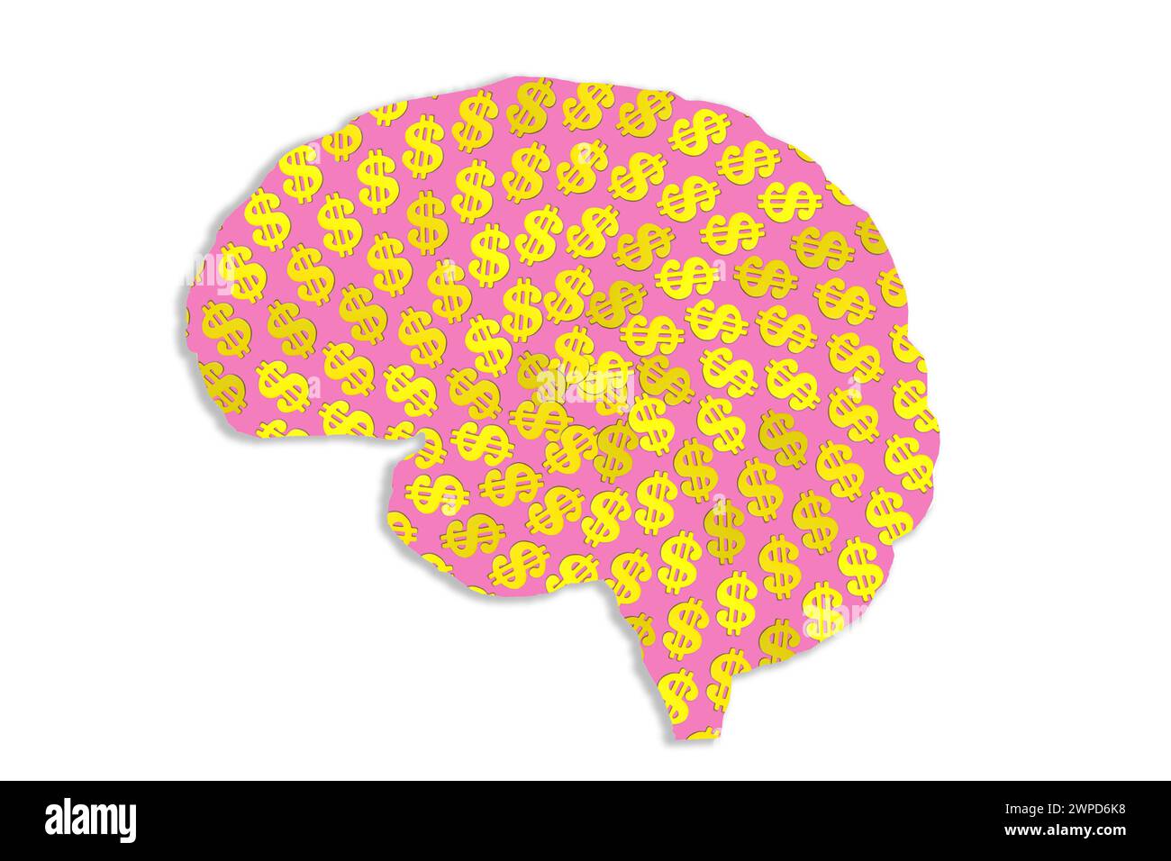 Rosa a forma di cervello umano riempito di simbolo del dollaro d'oro rotante su bianco. Foto Stock