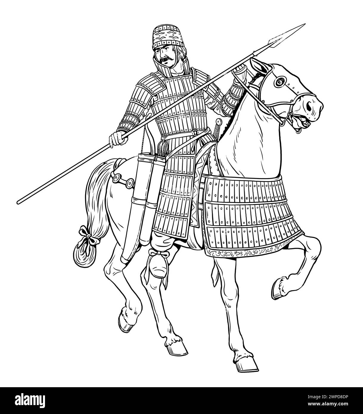 Antica Cataphract partica in attacco. Disegno di cavalleria antica e medievale. Foto Stock