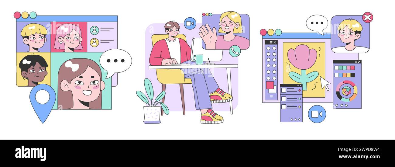 Set comunicazione online. Riunioni virtuali e videochiamate con persone diverse. Accettazione di una chiamata, rifiuto di un video, selezione del profilo. Illustrazione vettoriale piatta. Illustrazione Vettoriale