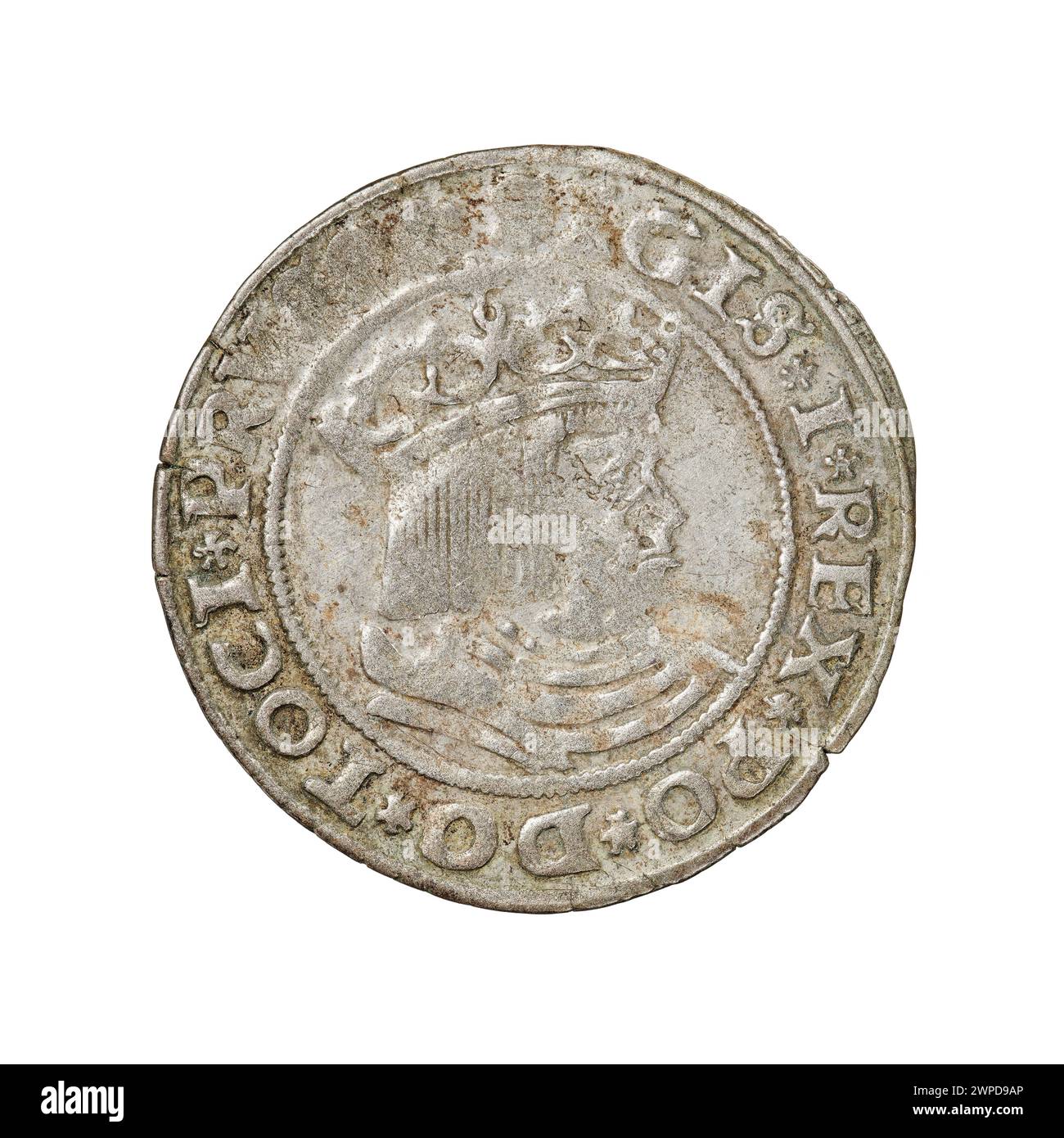 Un penny prussiano coniato nel 1529 sotto re Zygmunt i Stary di Polonia, mostrando simboli reali specifici del periodo e caratteristiche delle monete dell'inizio del XVI secolo. Foto Stock