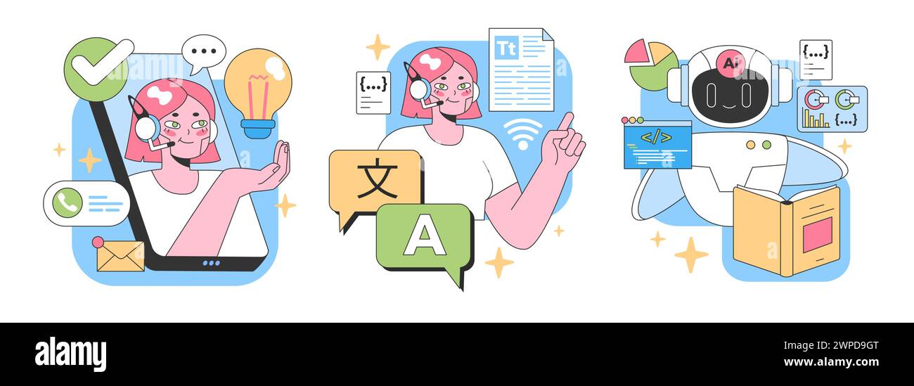 Set di assistenti digitali senza limiti. Dalle telefonate al brainstorming creativo, alla codifica, all'analisi dell'intelligenza artificiale. Multitasking, soluzioni in tempo reale, traduzione linguistica. Illustrazione vettoriale piatta Illustrazione Vettoriale