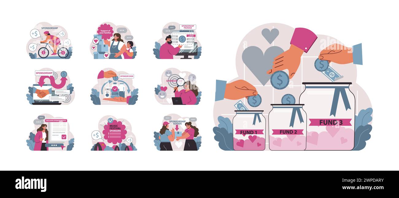 Set di sponsorizzazioni. Individui e organizzazioni che si impegnano nel sostegno reciproco. Ciclista che guadagna fondi, interazioni digitali, donazioni di beneficenza. Sostegno a festival musicali, aiuti familiari. illustrazione vettoriale Illustrazione Vettoriale