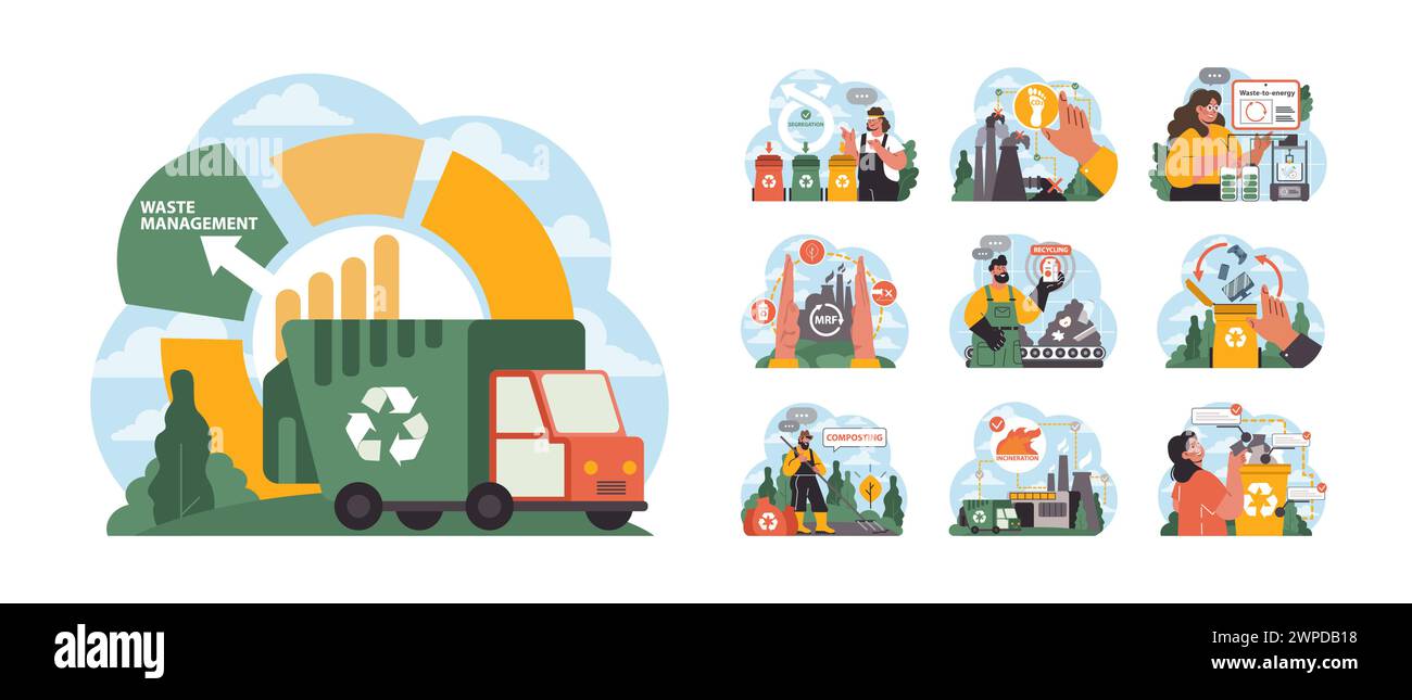 Set gestione rifiuti. Approccio completo alla gestione dei rifiuti. Segregazione, compostaggio, riciclaggio, incenerimento. Recupero dei materiali, processi di scarto-energia. Illustrazione vettoriale piatta Illustrazione Vettoriale