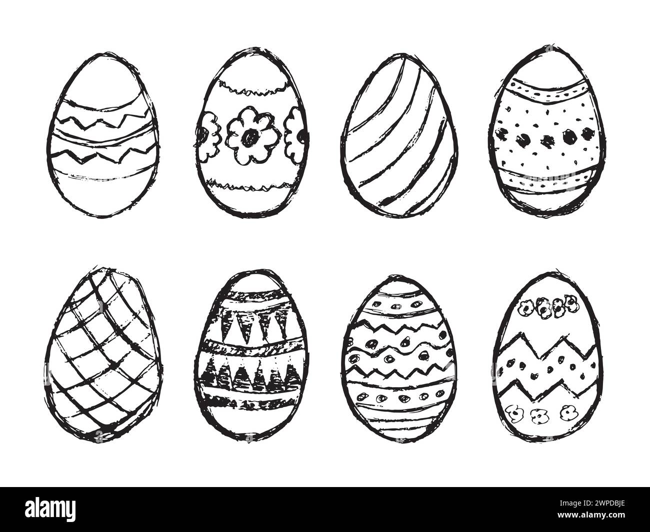 Set di otto uova di Pasqua disegnate a mano con motivi diversi su sfondo bianco. Illustrazione vettoriale Illustrazione Vettoriale