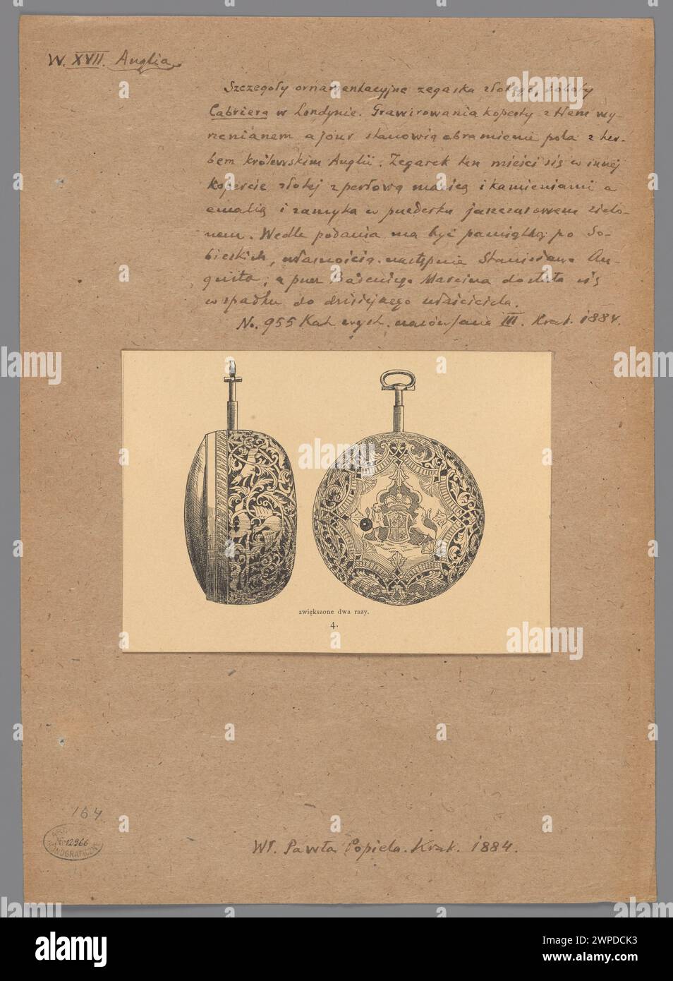Orologio inglese del XVII secolo, dalla collezione di Popiel, illustrato nel catalogo Kraków del 1883 dei monumenti dell'epoca di re Giovanni III. Foto Stock