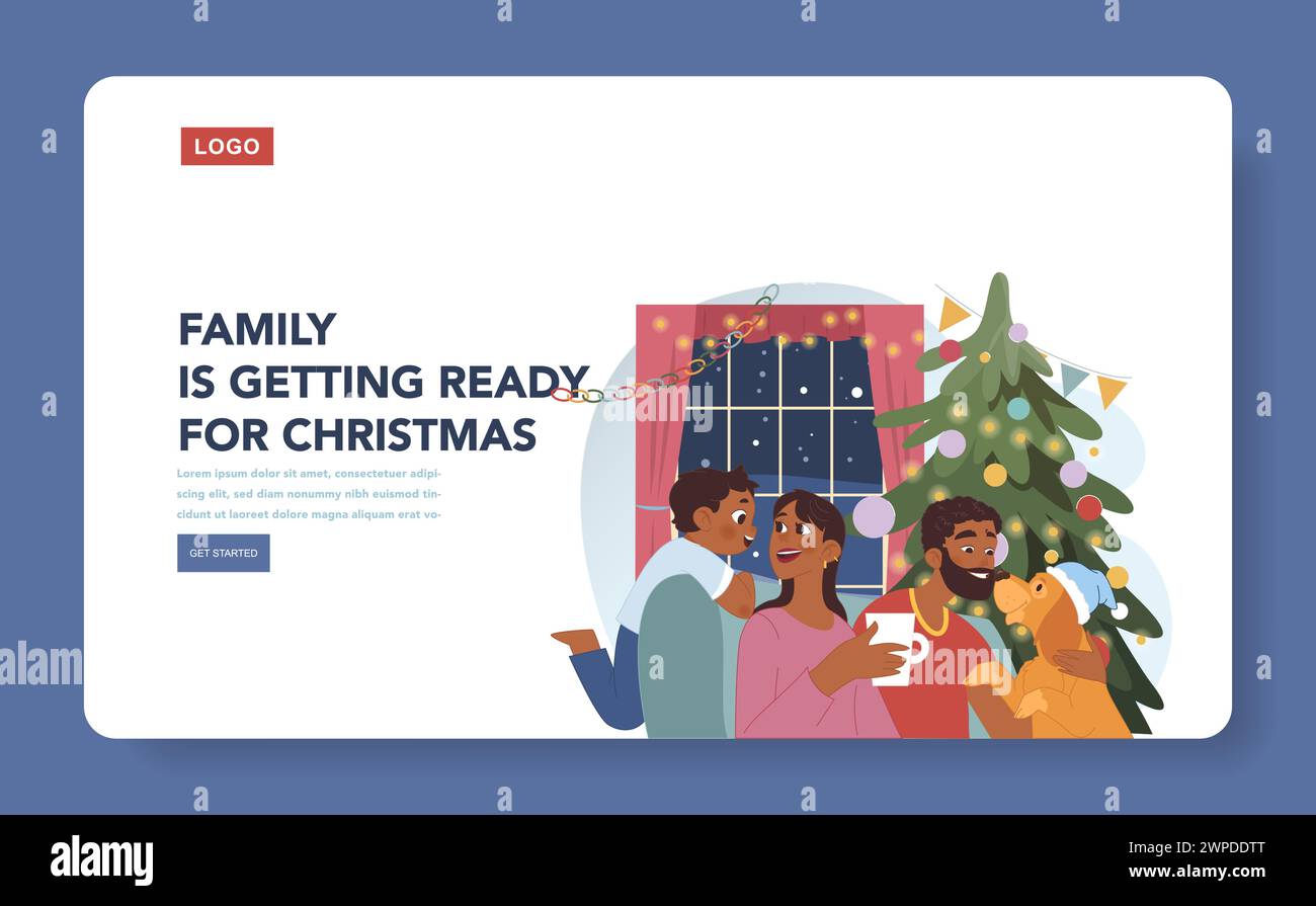 Banner Web o landing page per le feste di Natale. Allegri membri della famiglia, coppia nera con figlio e cane che trascorrono del tempo insieme durante le vacanze invernali. Decorazioni natalizie. Illustrazione vettoriale piatta Illustrazione Vettoriale