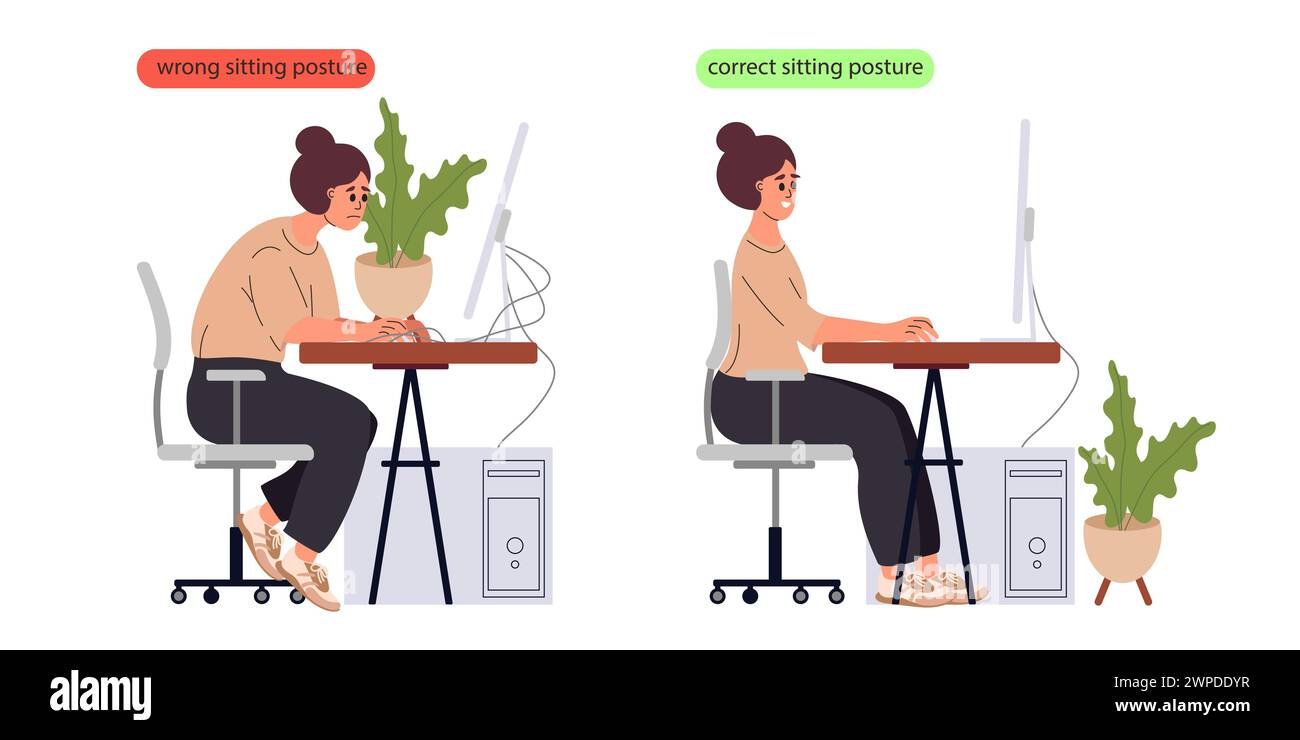 Posizione corretta e postura errata per sedersi alla scrivania del computer. Vasi e fili corretti e sbagliati. Giusto e sbagliato. Vettore Illustrazione Vettoriale