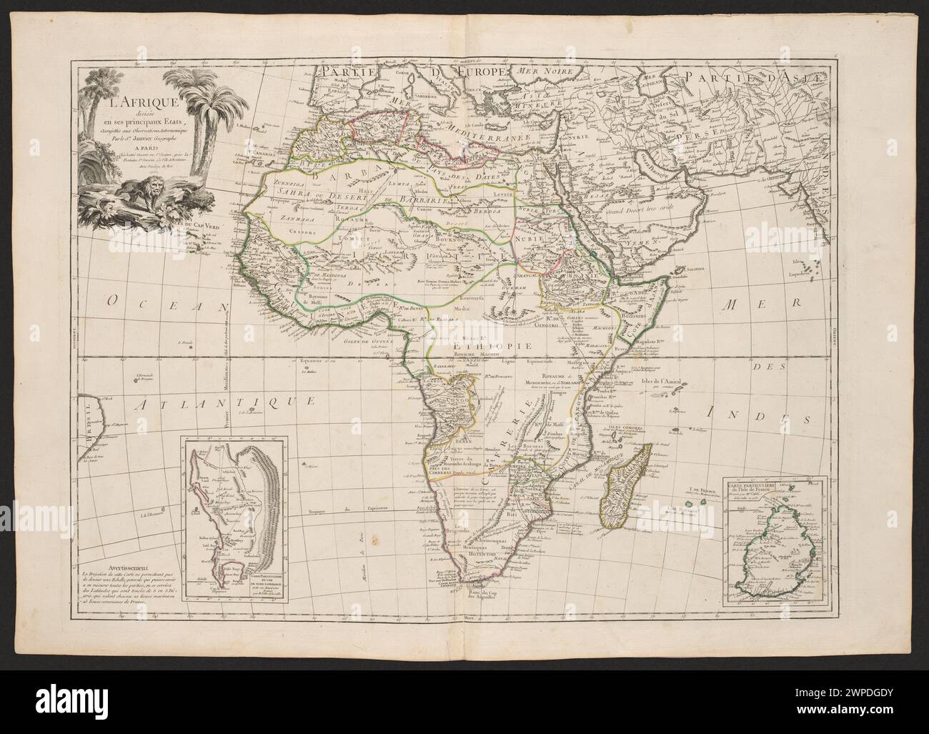 Una mappa dell'Africa del 1763 divisa in stati principali, creata da Jean Beauin con osservazioni astronomiche, che rappresenta la cartografia del XVIII secolo. Foto Stock