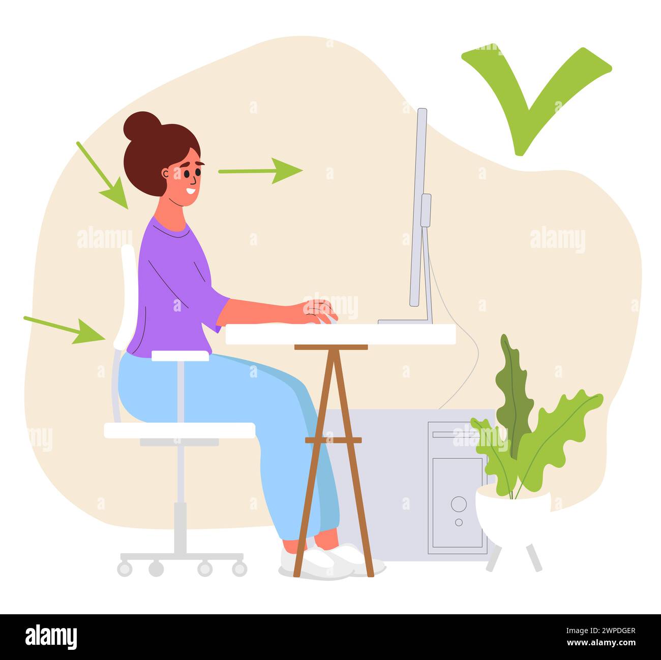 Postura corretta per sedersi alla scrivania del computer. Posizione corretta. Bella schiena, collo e gambe posa di donna sul posto di lavoro. Vettore Illustrazione Vettoriale