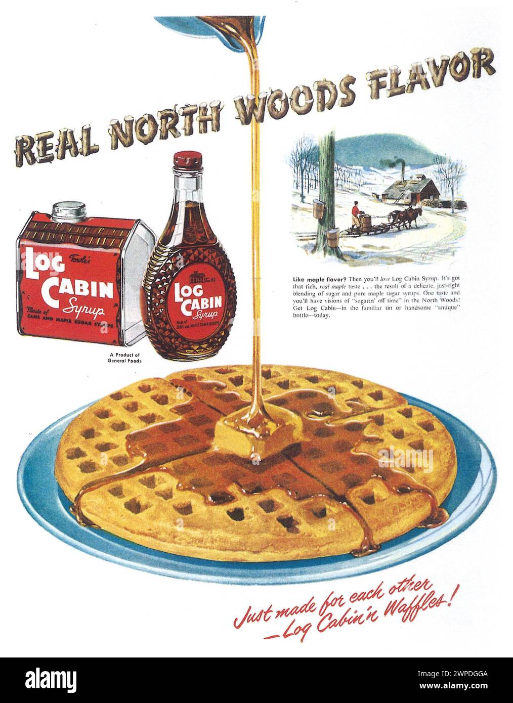 1950 annuncio a stampa sciroppo acero Log Cabin Foto Stock