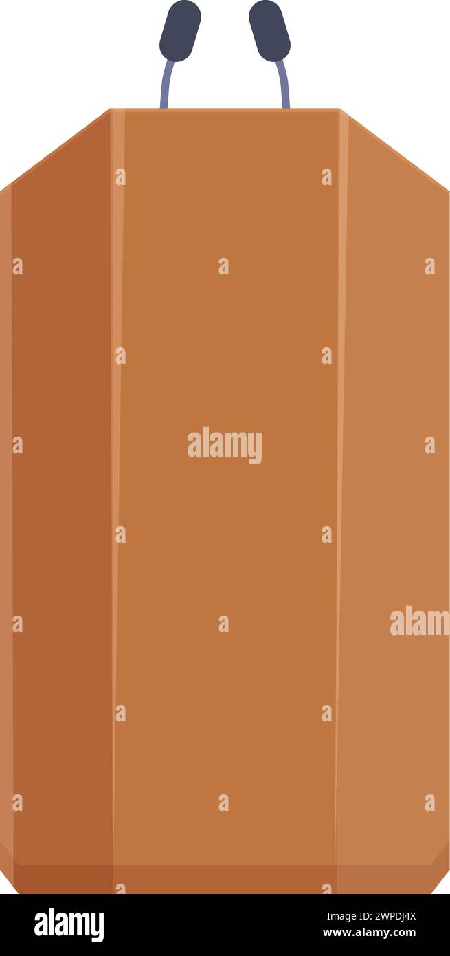 Vettore cartoni animati icona tribuna in legno. Spettacolo pubblico. Microfoni con supporto vuoto Illustrazione Vettoriale