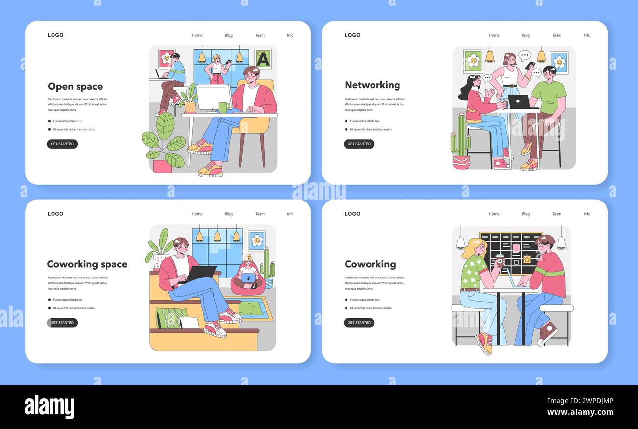 Insieme di concetti di coworking. Professionisti in uno spazio di lavoro condiviso. Freelance in open space, eventi di networking, attività rilassanti da soli. Ambiente di lavoro moderno. Illustrazione vettoriale piatta. Illustrazione Vettoriale
