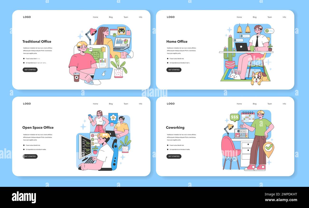 Set di ambienti d'ufficio. I professionisti navigano in diverse impostazioni di lavoro. Scrivanie tradizionali, accoglienti angoli domestici, spazi aperti collaborativi, animati centri di coworking. Illustrazione vettoriale piatta Illustrazione Vettoriale