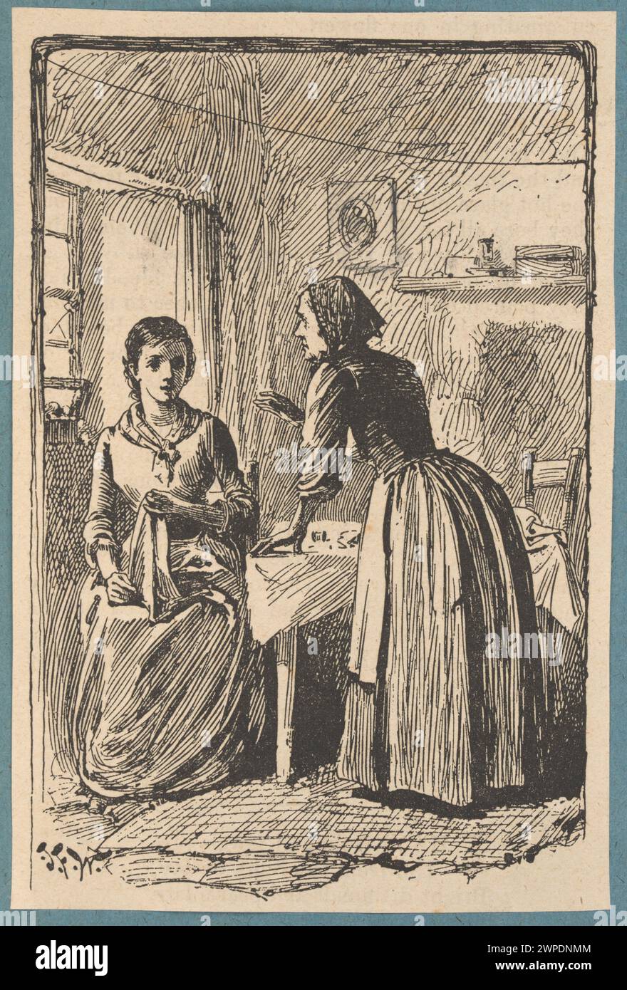 Illustrazione che mostra due donne all'interno di uno spazio interno tra il 1890 e il 1900, raffiguranti abiti, postura e arredi. Foto Stock