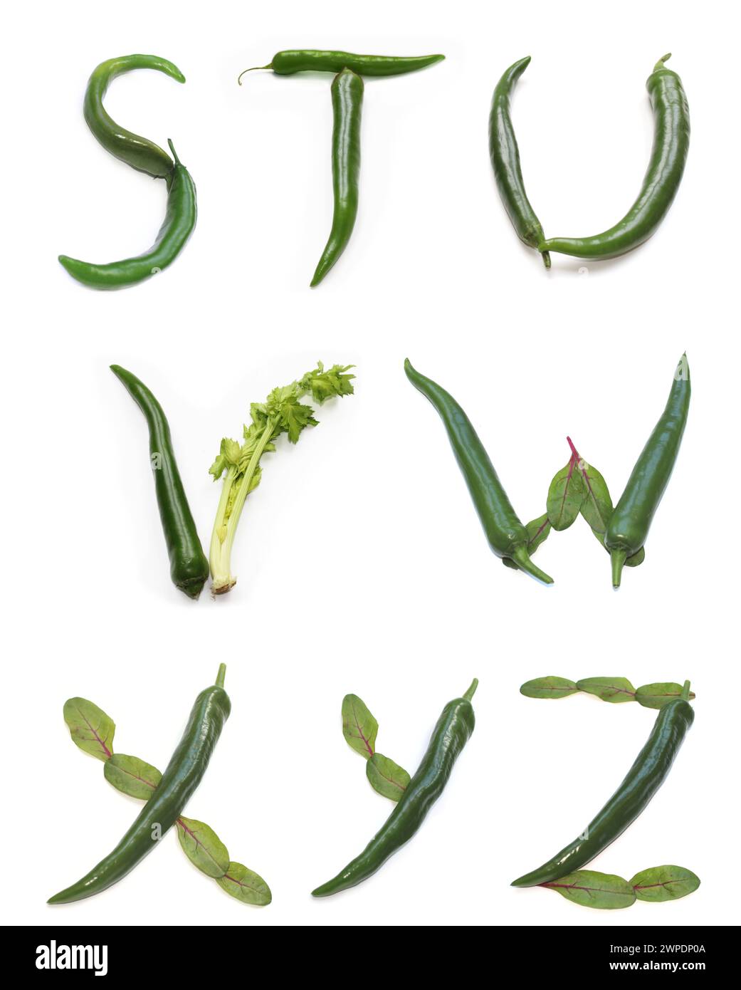 lettere s t u v w x y z di peperoncino, insalata verde per testi, poster, striscione per brunch, carnet di menu ciotole, ciotola vegana, ciotole per piatti vegetariani Foto Stock