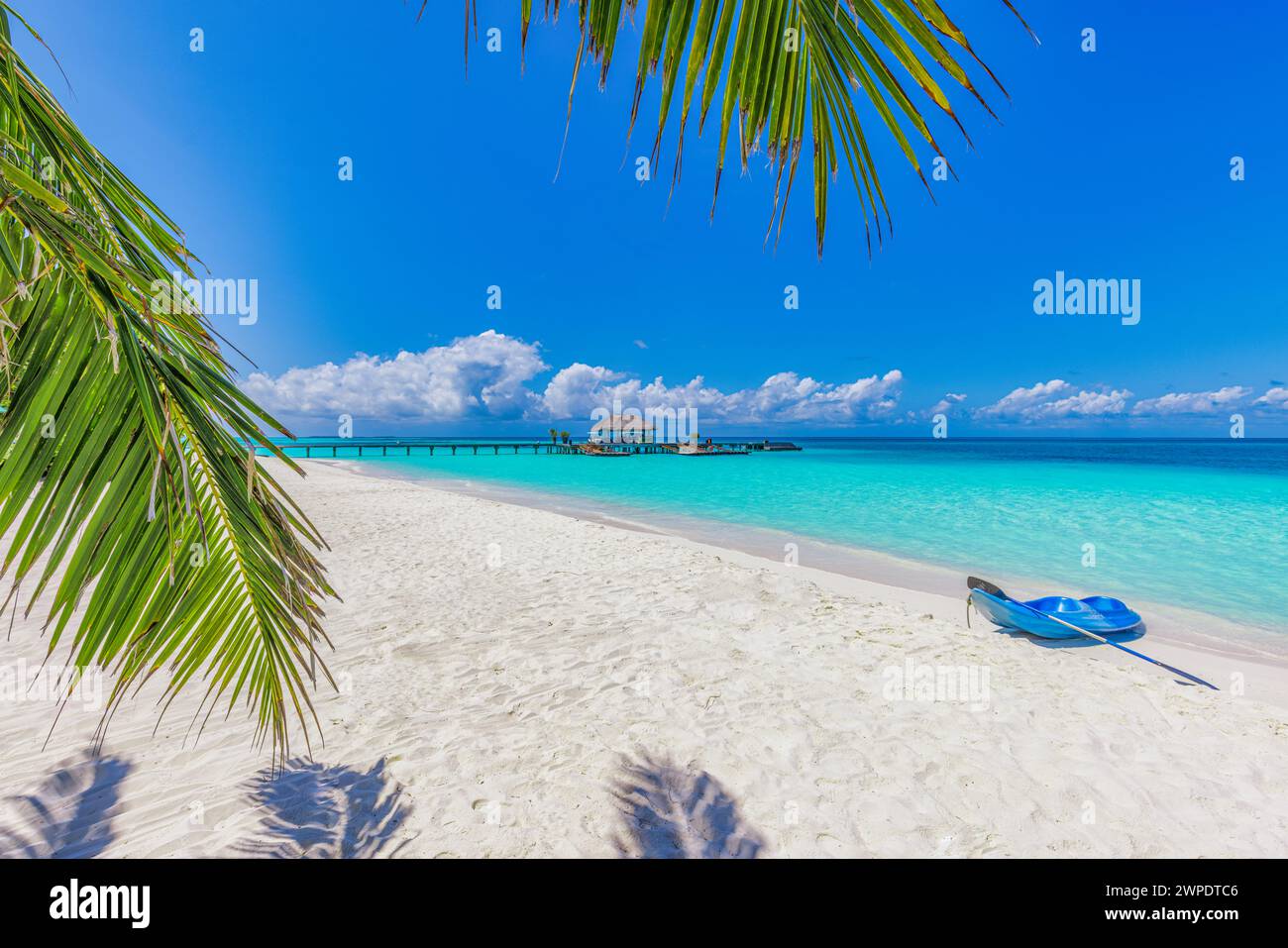 Spiaggia dell'isola delle Maldive con kayak blu a riva. Paesaggio tropicale estivo, sabbia bianca con palme. Destinazione turistica di lusso. Esotico Foto Stock