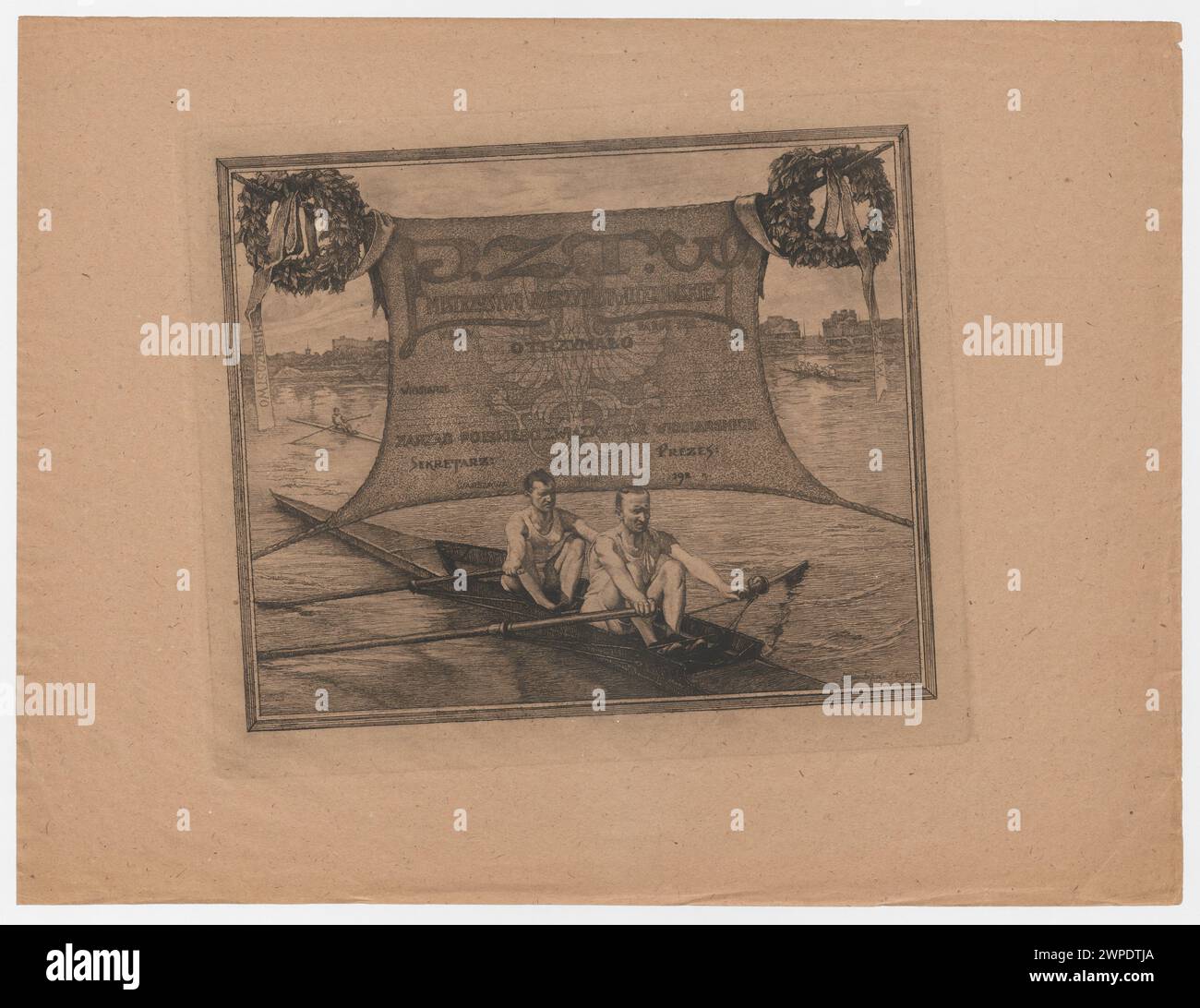 Diploma rilasciato dall'Unione polacca delle società di canottaggio per il campionato polacco nel 1924, con Aquila Bianca, fiumi, corona di alloro e atleti. Foto Stock