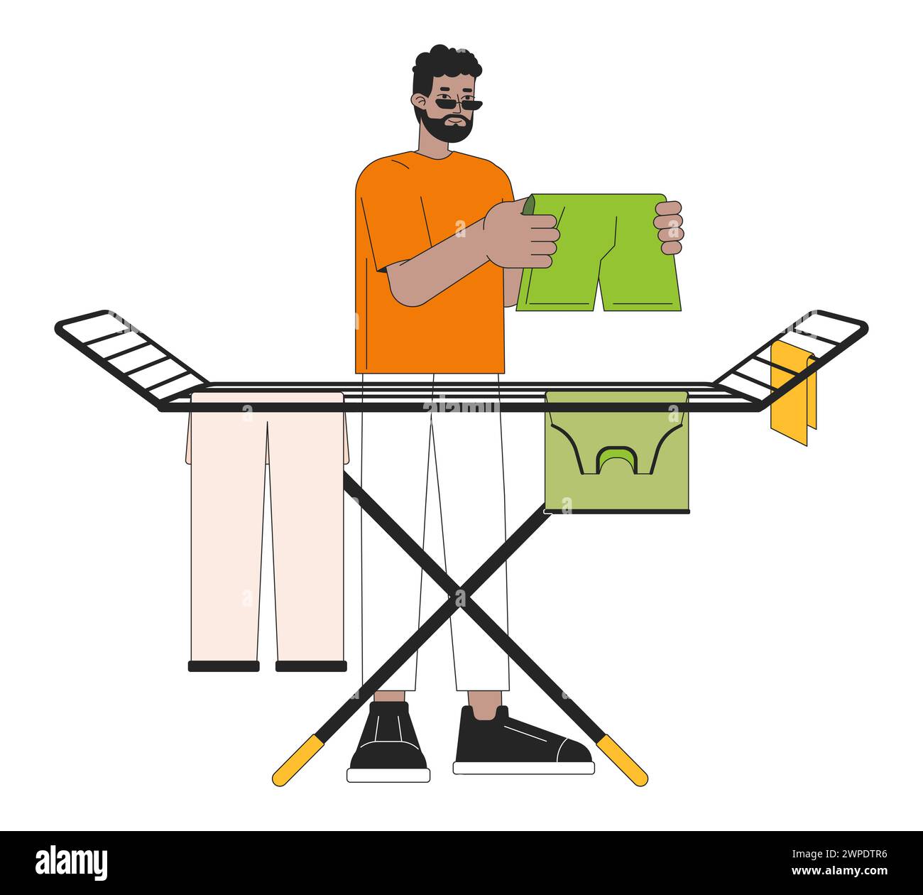 Asciugatura all'aria degli indumenti sulla linea dei rack, illustrazione piatta del cartone animato Illustrazione Vettoriale